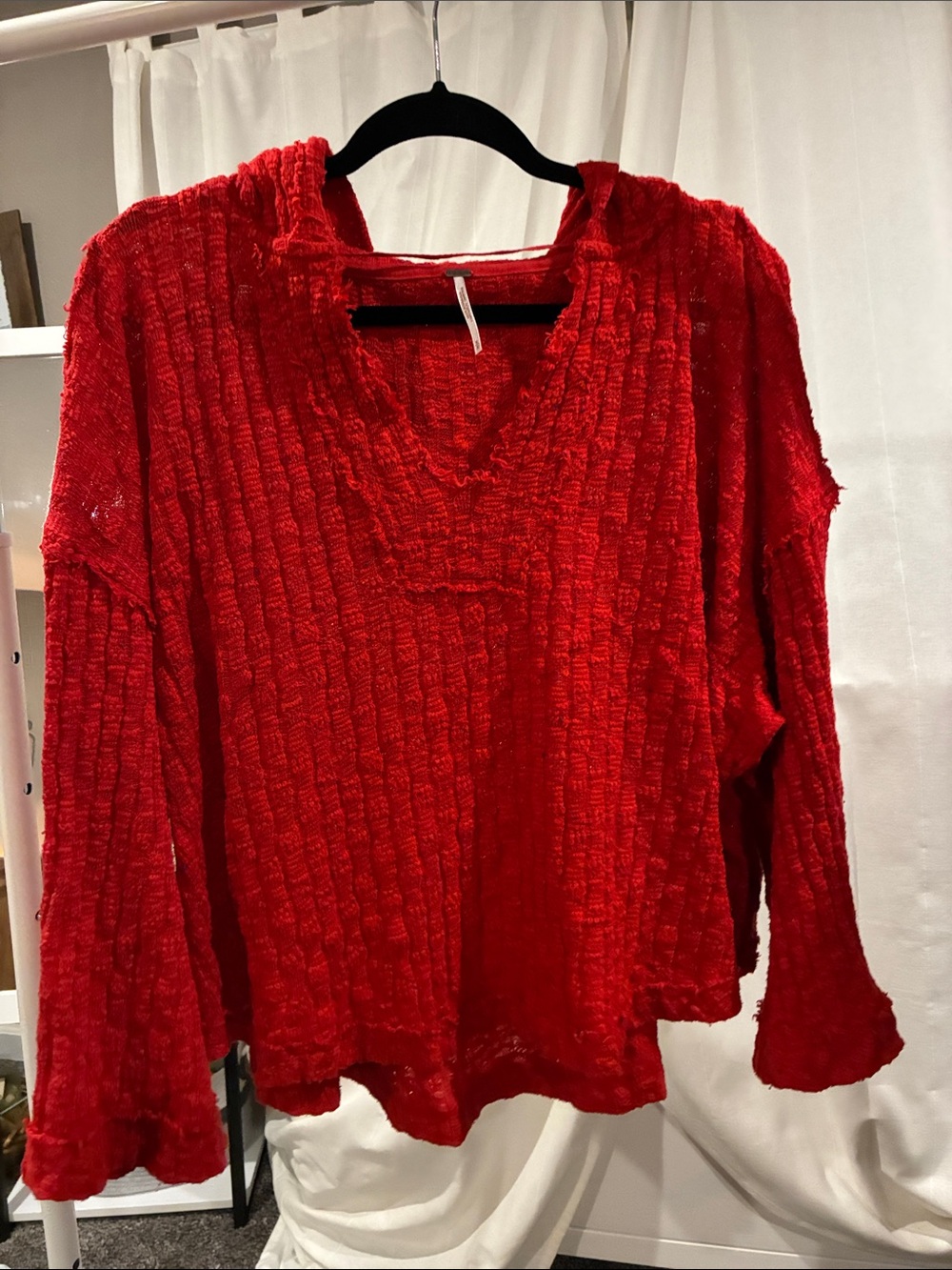 Free People Bright Red Hooded V-Neck Textured Sweater